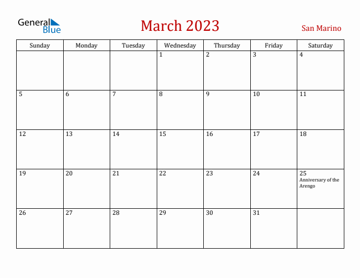 San Marino March 2023 Calendar - Sunday Start