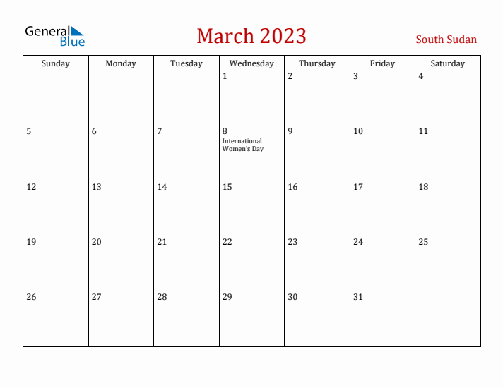 South Sudan March 2023 Calendar - Sunday Start