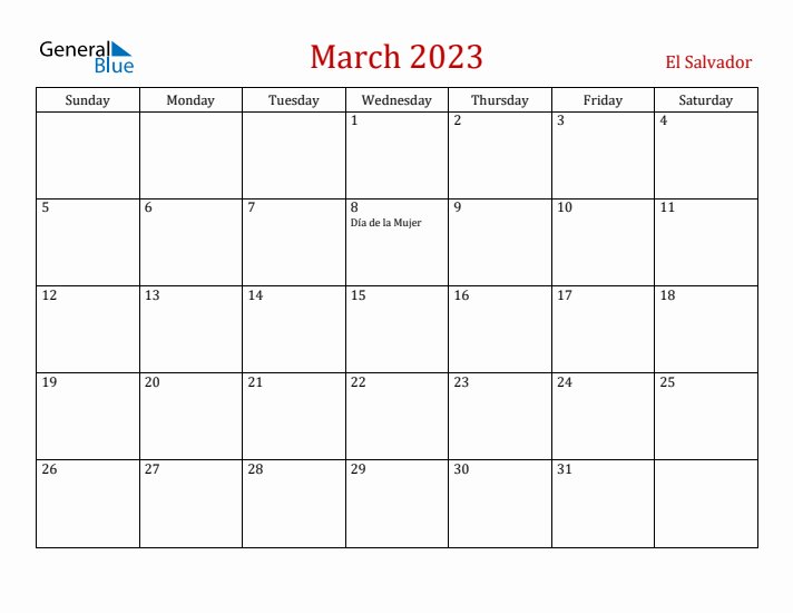 El Salvador March 2023 Calendar - Sunday Start
