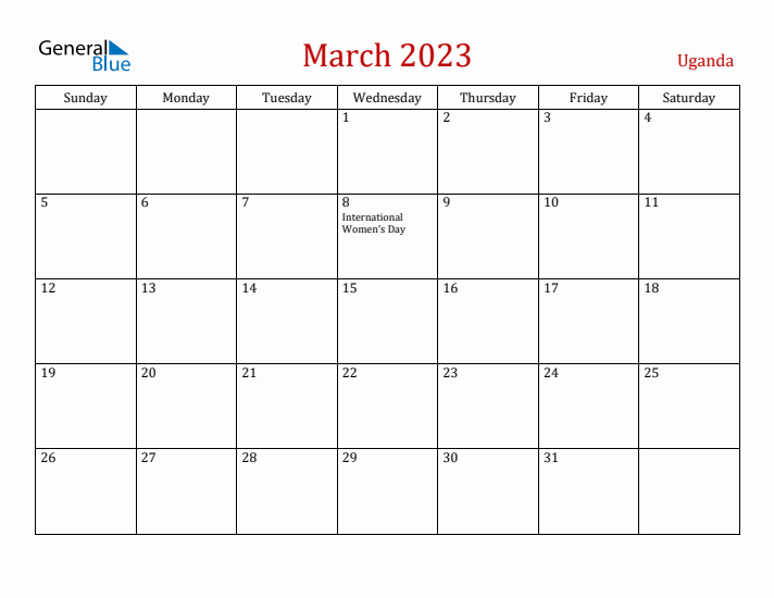 Uganda March 2023 Calendar - Sunday Start