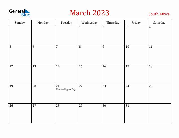 South Africa March 2023 Calendar - Sunday Start