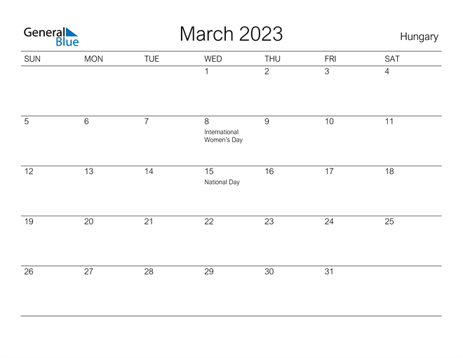 Printable March 2023 Calendar for Hungary
