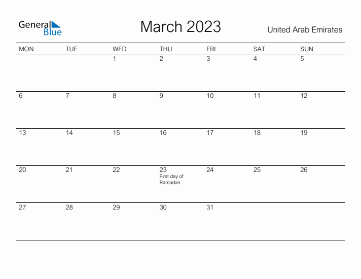 Printable March 2023 Calendar for United Arab Emirates