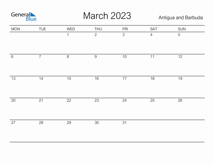Printable March 2023 Calendar for Antigua and Barbuda