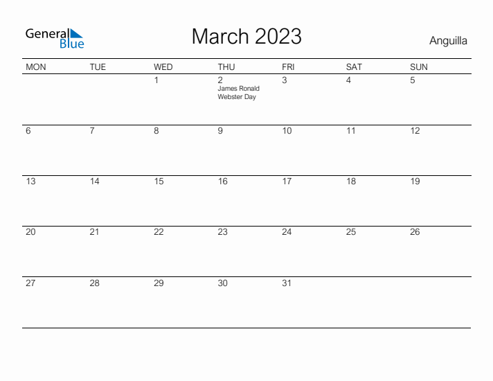 Printable March 2023 Calendar for Anguilla