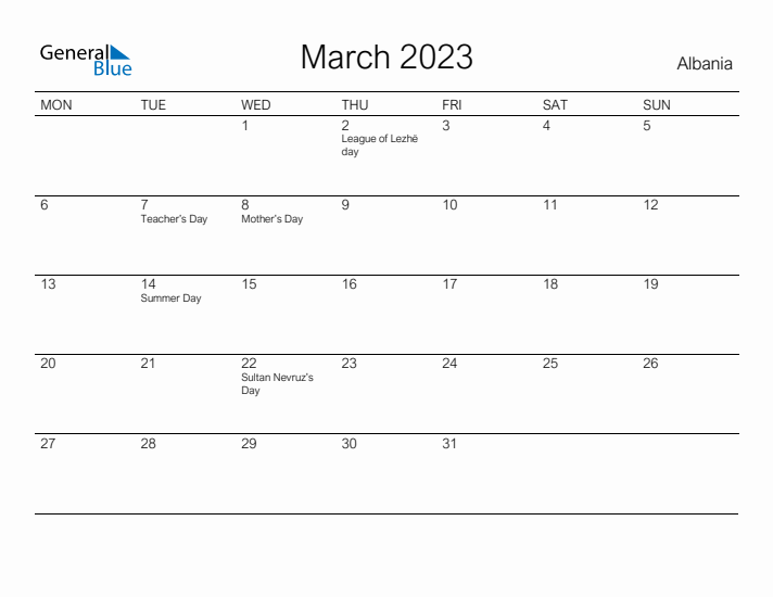Printable March 2023 Calendar for Albania