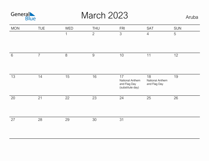 Printable March 2023 Calendar for Aruba