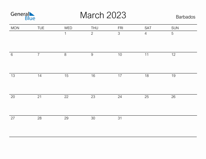 Printable March 2023 Calendar for Barbados