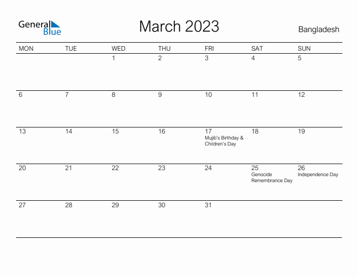 Printable March 2023 Calendar for Bangladesh
