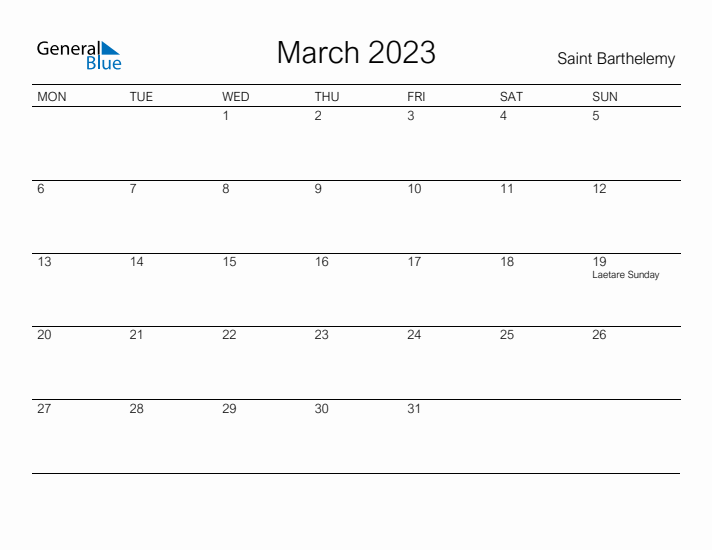 Printable March 2023 Calendar for Saint Barthelemy