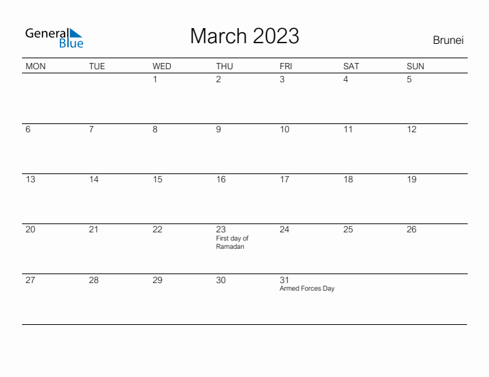 Printable March 2023 Calendar for Brunei