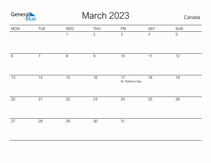 Printable March 2023 Calendar for Canada