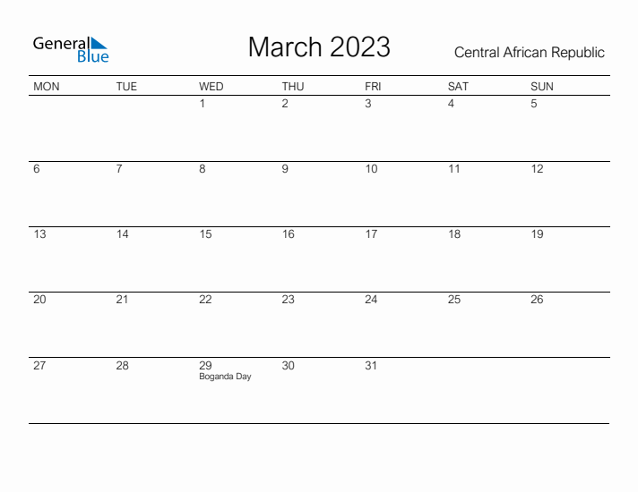 Printable March 2023 Calendar for Central African Republic
