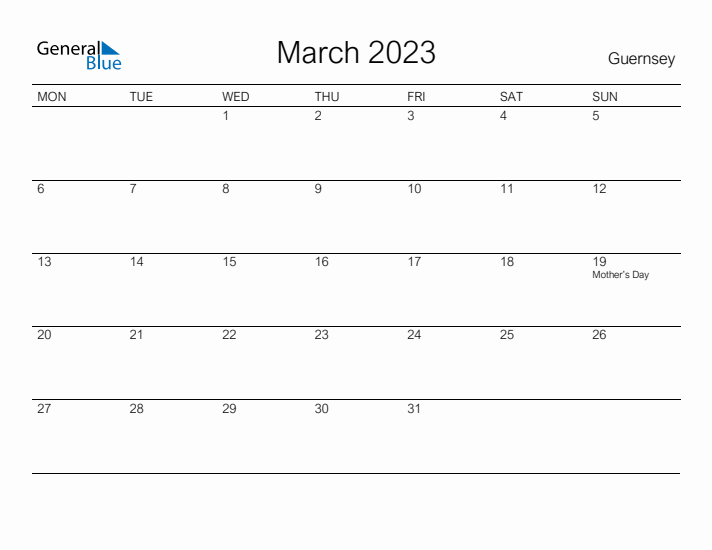 Printable March 2023 Calendar for Guernsey
