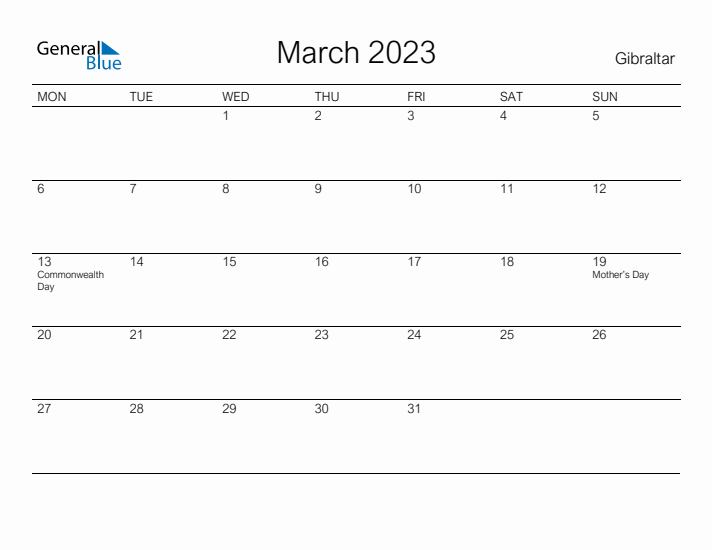 Printable March 2023 Calendar for Gibraltar