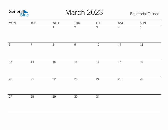 Printable March 2023 Calendar for Equatorial Guinea