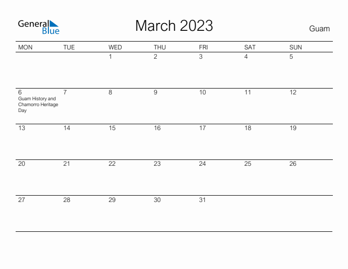 Printable March 2023 Calendar for Guam