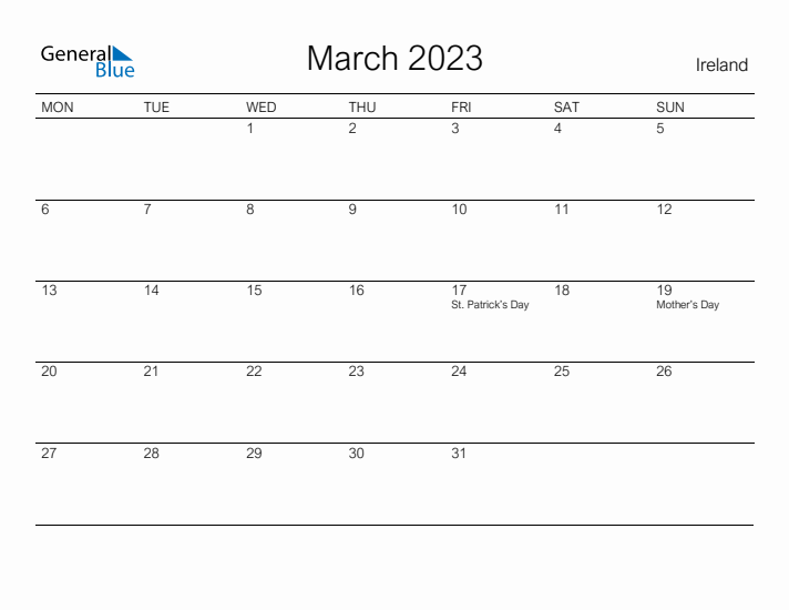 Printable March 2023 Calendar for Ireland