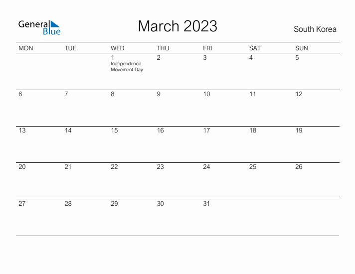 Printable March 2023 Calendar for South Korea