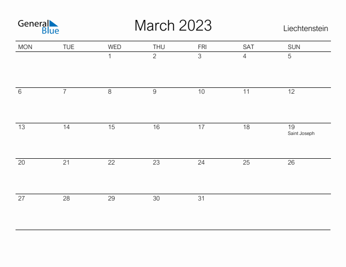 Printable March 2023 Calendar for Liechtenstein