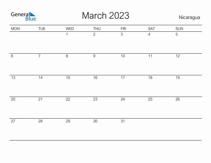 Printable March 2023 Calendar for Nicaragua