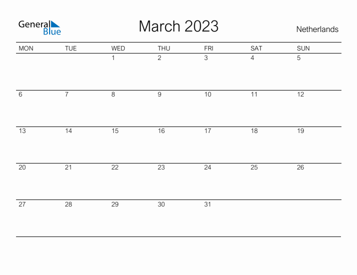 Printable March 2023 Calendar for The Netherlands