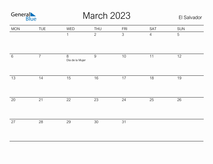 Printable March 2023 Calendar for El Salvador