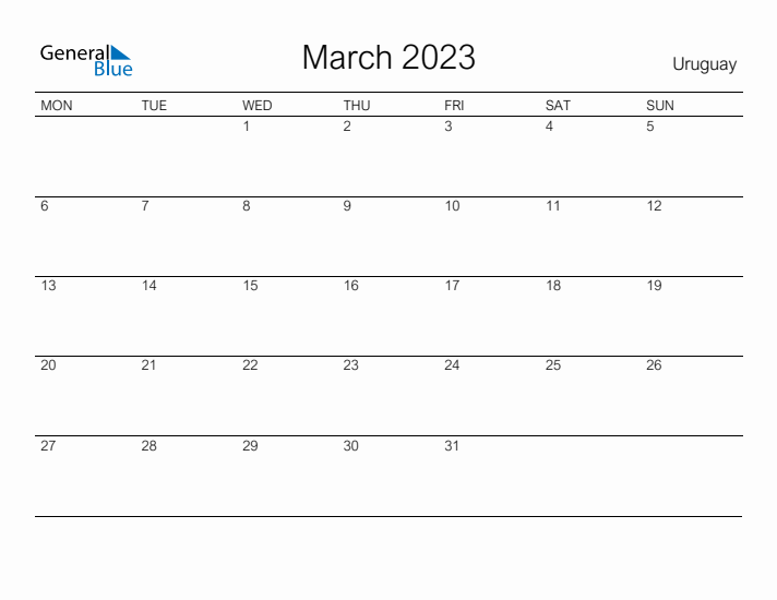 Printable March 2023 Calendar for Uruguay