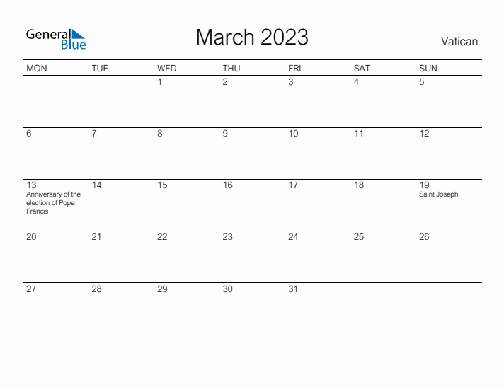 Printable March 2023 Calendar for Vatican