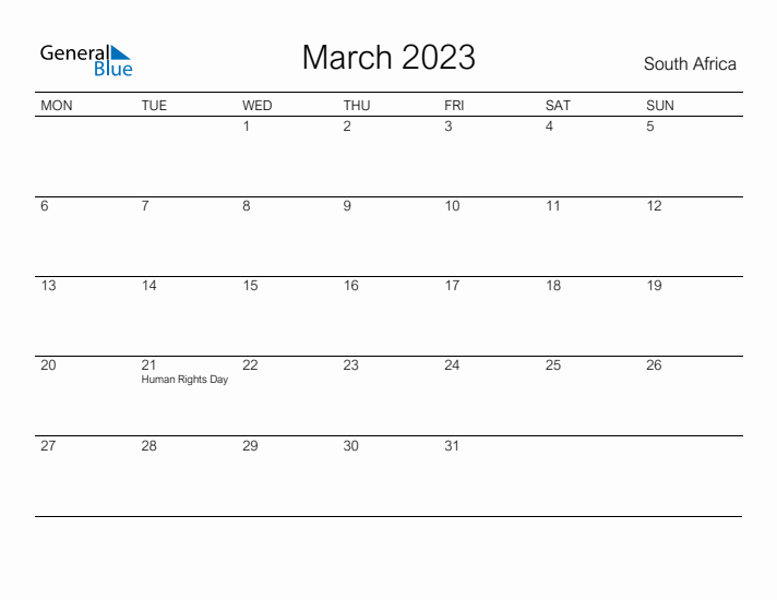 Printable March 2023 Calendar for South Africa