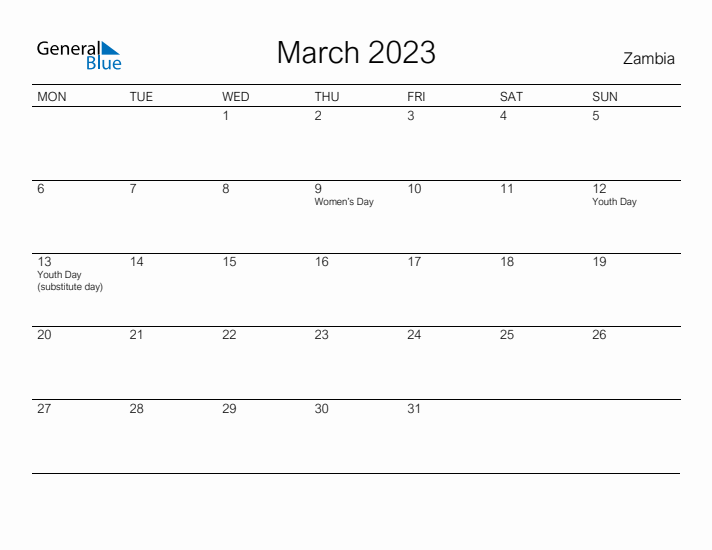 Printable March 2023 Calendar for Zambia