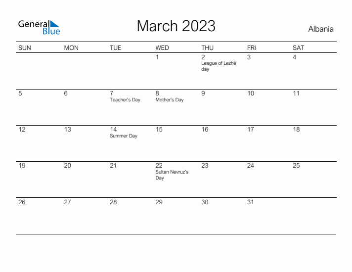 Printable March 2023 Calendar for Albania