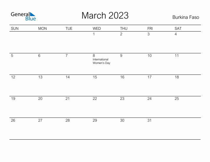 Printable March 2023 Calendar for Burkina Faso