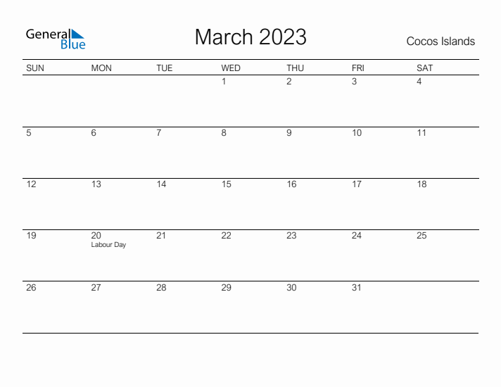 Printable March 2023 Calendar for Cocos Islands