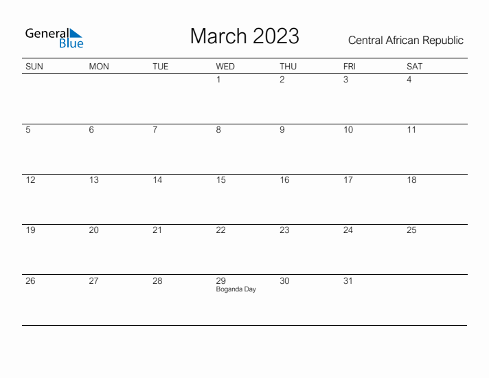 Printable March 2023 Calendar for Central African Republic
