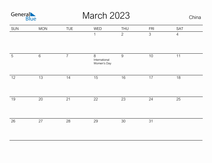 Printable March 2023 Calendar for China