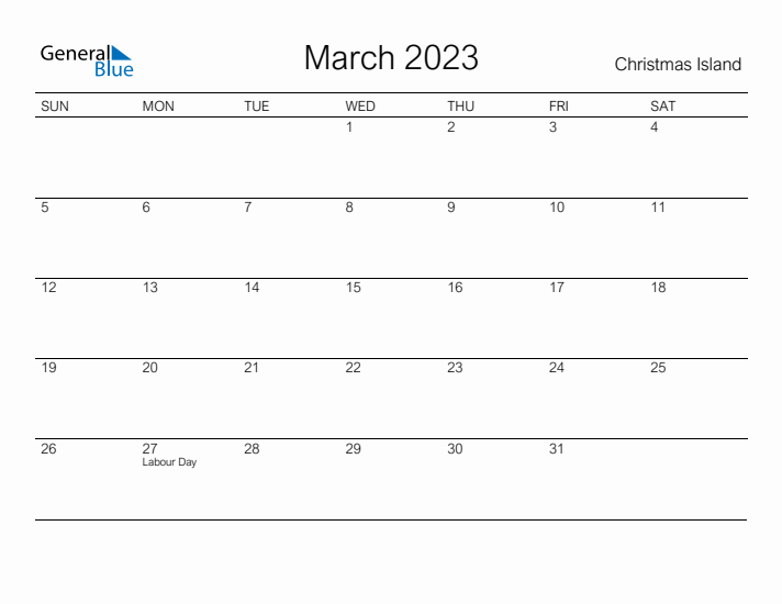 Printable March 2023 Calendar for Christmas Island