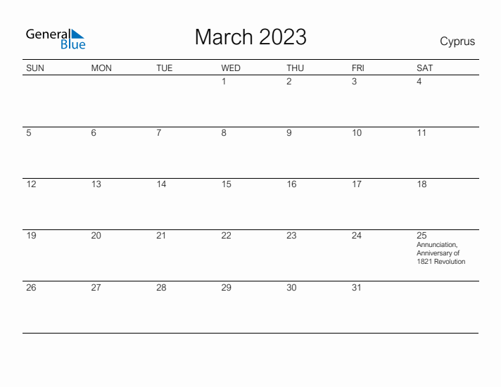 Printable March 2023 Calendar for Cyprus