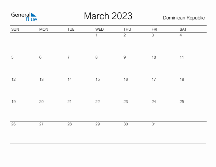 Printable March 2023 Calendar for Dominican Republic
