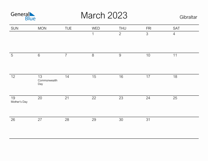 Printable March 2023 Calendar for Gibraltar