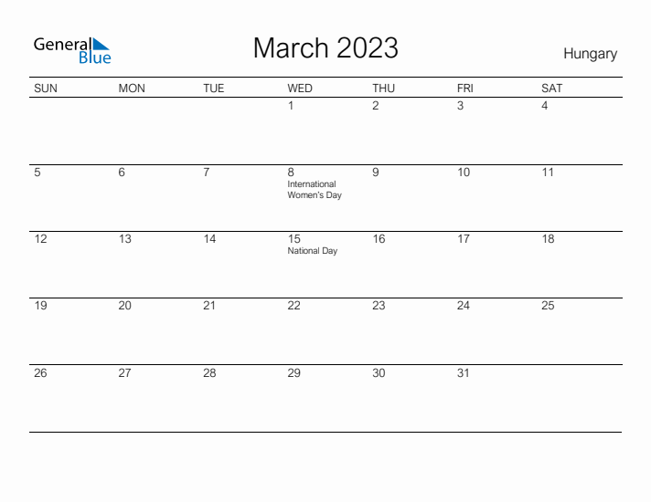 Printable March 2023 Calendar for Hungary