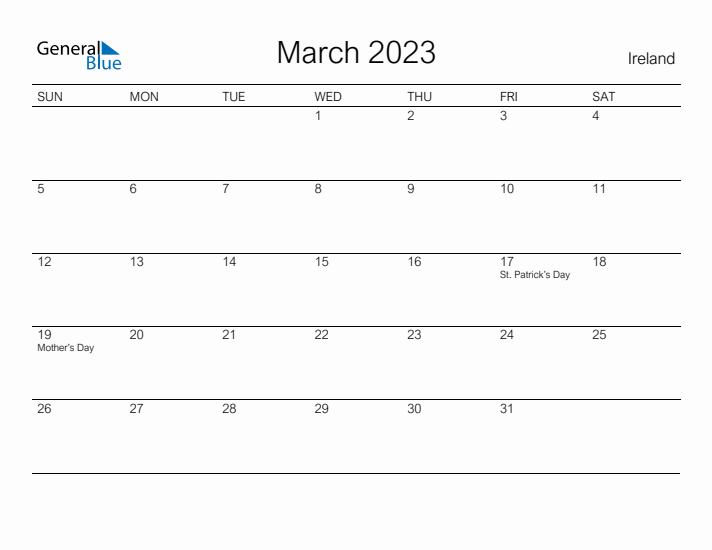 Printable March 2023 Calendar for Ireland