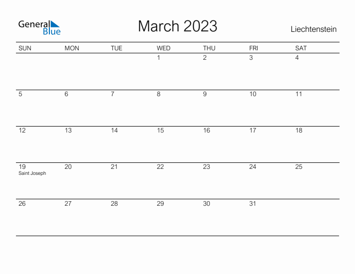 Printable March 2023 Calendar for Liechtenstein