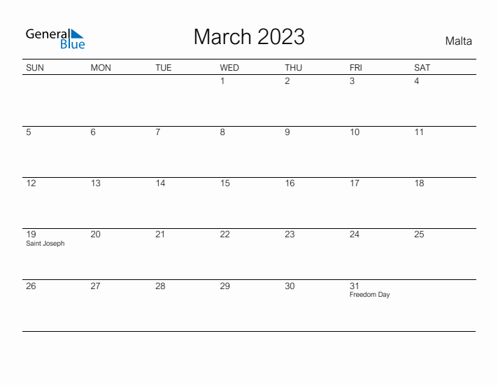 Printable March 2023 Calendar for Malta