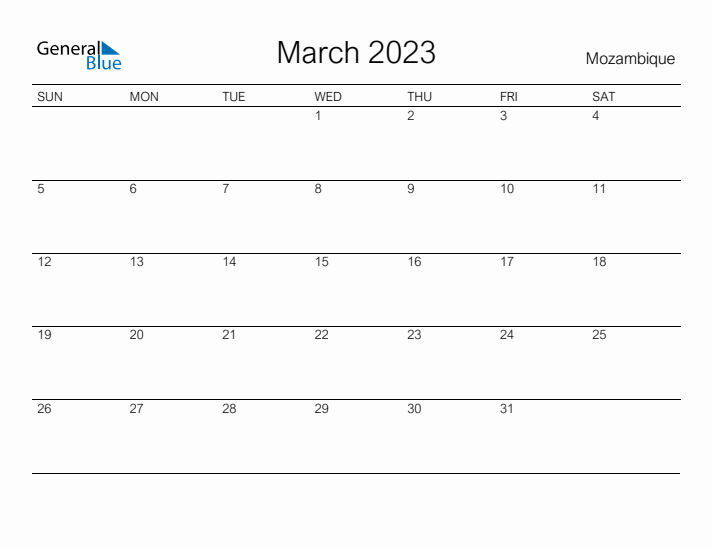 Printable March 2023 Calendar for Mozambique