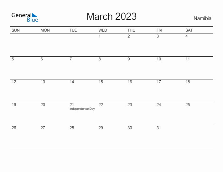 Printable March 2023 Calendar for Namibia
