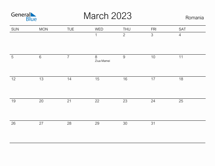 Printable March 2023 Calendar for Romania