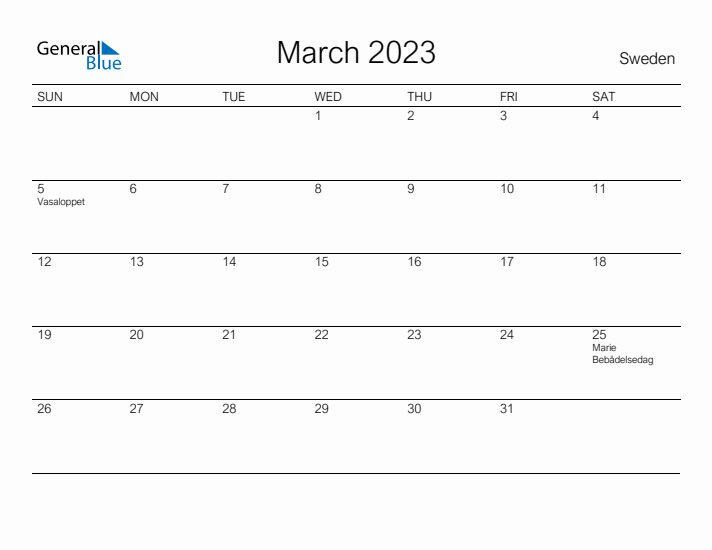 Printable March 2023 Calendar for Sweden