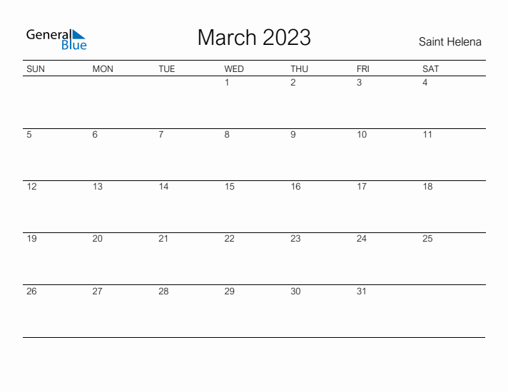 Printable March 2023 Calendar for Saint Helena