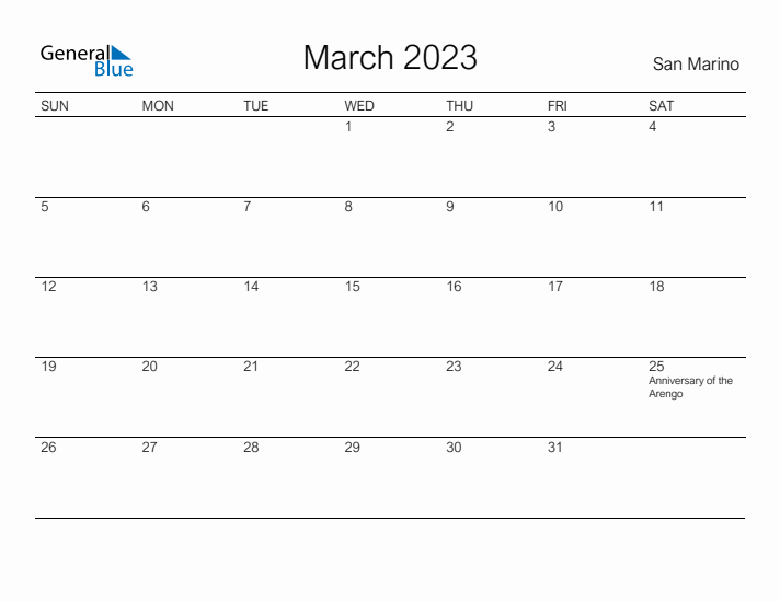 Printable March 2023 Calendar for San Marino